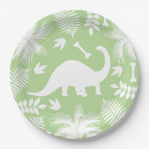 Modern White Dinosaur Bronto Silhouette & Foliage Paper Plate