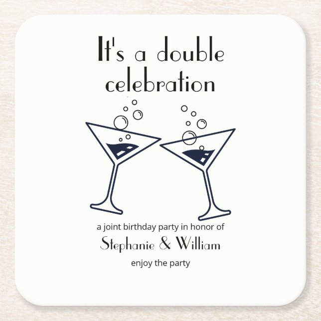 Modern White Double Celebration Joint Birthday Square Paper Coaster (Front)