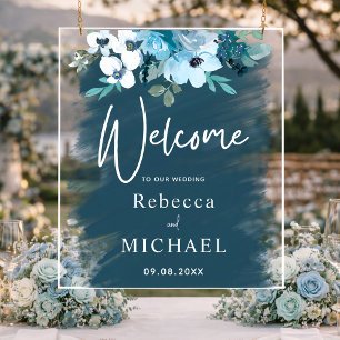 Modern white dusty blue floral wedding welcome  acrylic sign