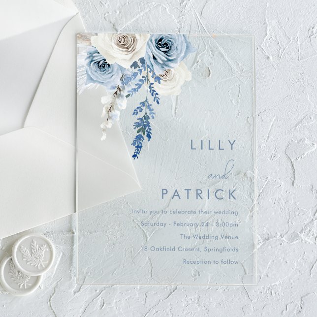 Modern White & Dusty Blue Wedding Acrylic Invitations (Creator Uploaded)