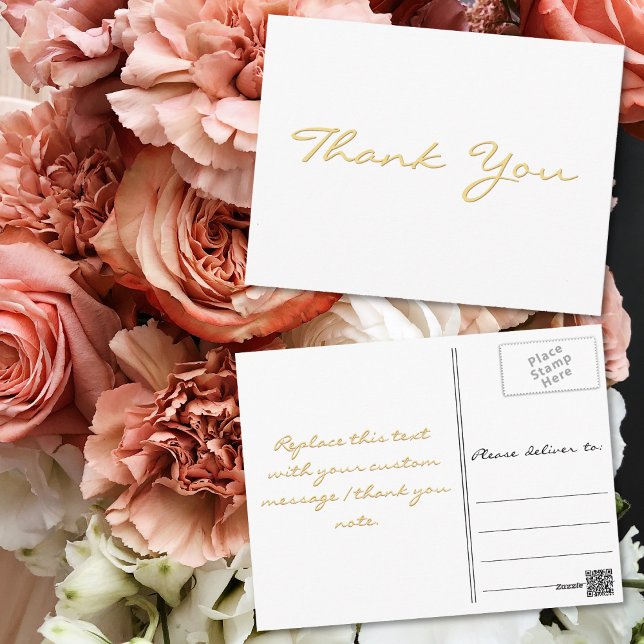 Modern White Elegant Faux Gold Script Thank You Postcard (Modern White Elegant Faux Gold Script Thank You Postcard)