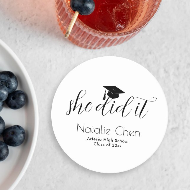 Modern White Elegant Fonts Graduation Round Paper Coaster (Creator Uploaded)