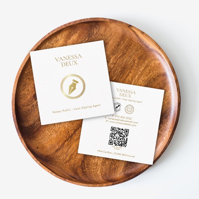 Modern White Elegant Gold Pen Icon QR Code Notary Square Business Card (Creator Uploaded)