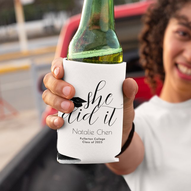 Modern White Elegant She Did It Graduation Party Can Cooler (Creator Uploaded)