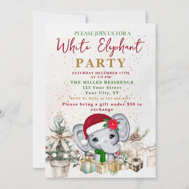 Modern White Elephant Gift Exchange Party Invitation (Front)