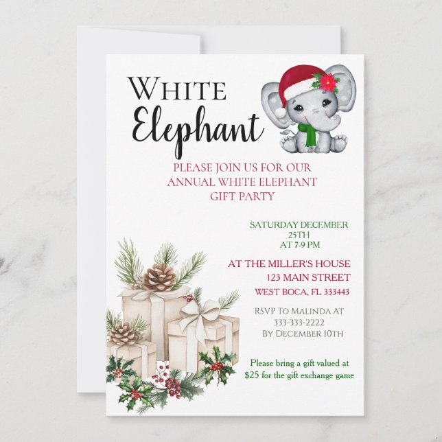 Modern White Elephant Kids Christmas party  Invitation (Front)