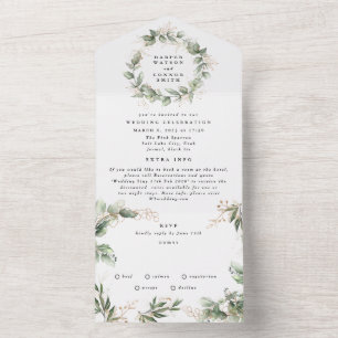 Modern White Eucalyptus Wreath Wedding All In One Invitation