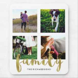 Modern White Family Photo Grid with Faux Gold Foil Mouse Pad