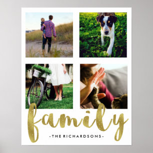 Modern White Family Photo Grid with Faux Gold Foil Poster