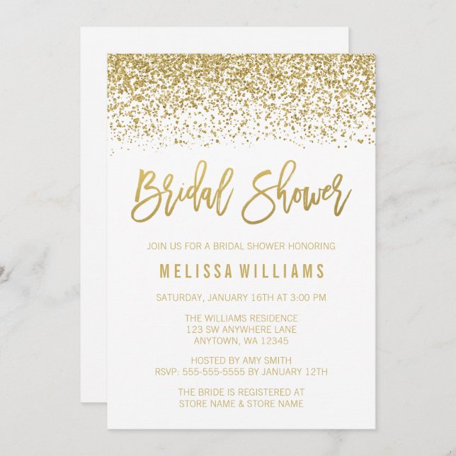 Modern White Faux Gold Glitter Bridal Shower Invitation (Front/Back)