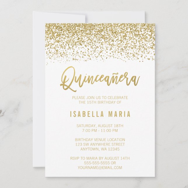 Modern White Faux Gold Glitter Quinceanera Invitation (Front)