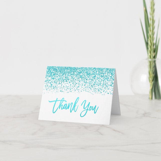 Modern White Faux Teal Glitter Thank You (Front)