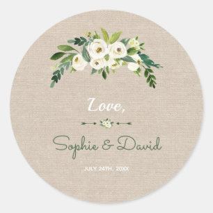 Modern White Floral Burlap Handwriting Wedding Classic Round Sticker