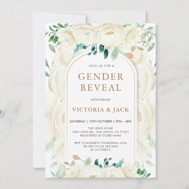 Modern White Floral Garden Gender Reveal Invitation (Front)