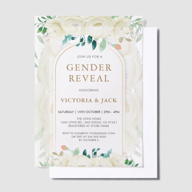 Modern White Floral Garden Gender Reveal Vellum Invitations (Offset)