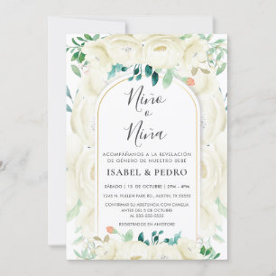 Modern White Floral Garden Spanish Gender Reveal Invitation