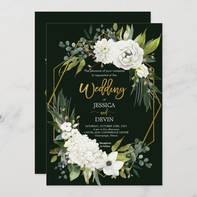 Modern White Floral Gold Frame Wedding Invitation (Front/Back)