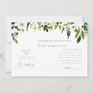 Modern White Floral & Gold Wedding Invitation