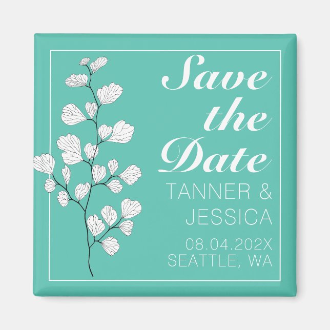 Modern White Floral on Aqua Save The Date  Magnet (Front)