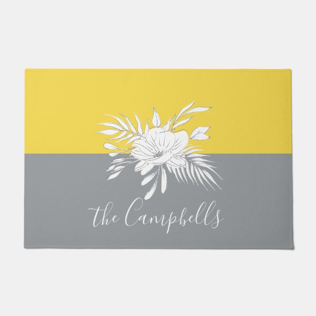 Modern White Floral on Colorblock   Doormat (Front)