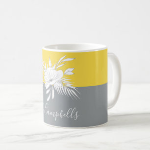 Modern White Floral on Colorblock Personalised Coffee Mug