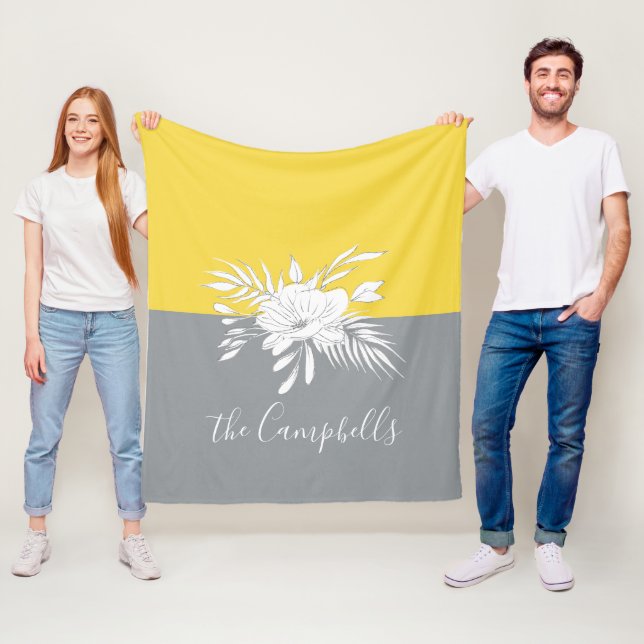 Modern White Floral on Colorblock Personalised Fleece Blanket (In Situ)