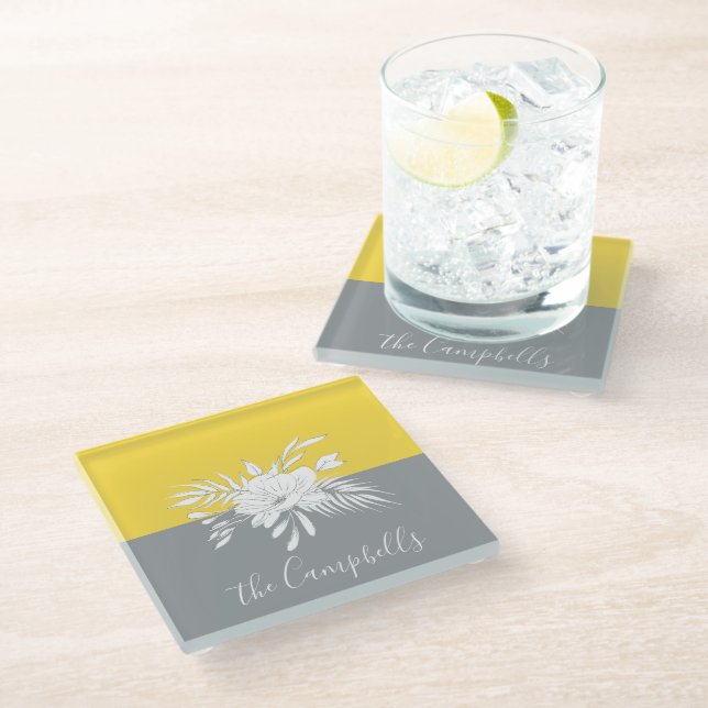 Modern White Floral on Colorblock Personalised Glass Coaster (Angled)
