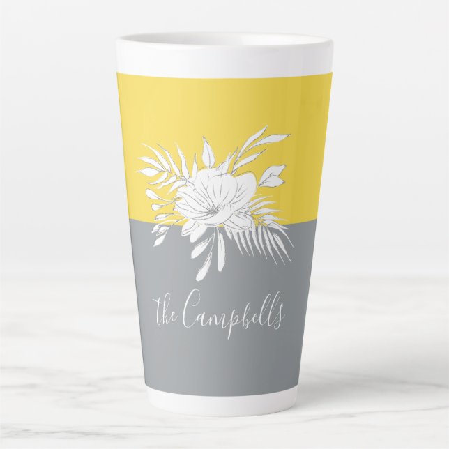 Modern White Floral on Colorblock Personalised   Latte Mug (Front)