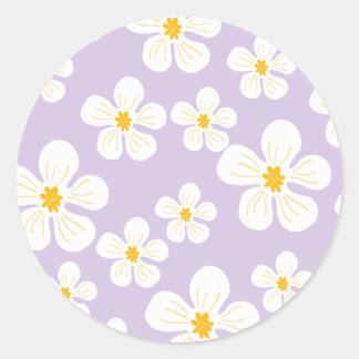 Modern White Floral Pattern Purple Classic Round Sticker