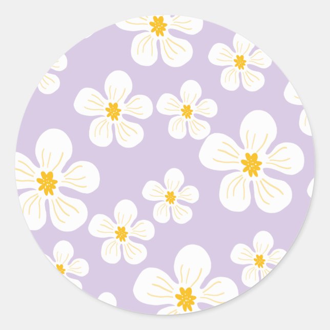Modern White Floral Pattern Purple Classic Round Sticker (Front)