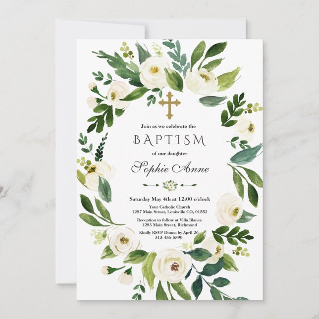 Modern White Floral Peonies Wreath Baptism Invitation (Front)