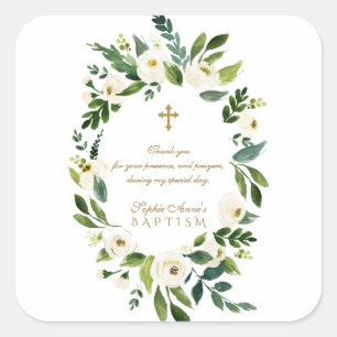 Modern White Floral Peonies Wreath Baptism Square Sticker