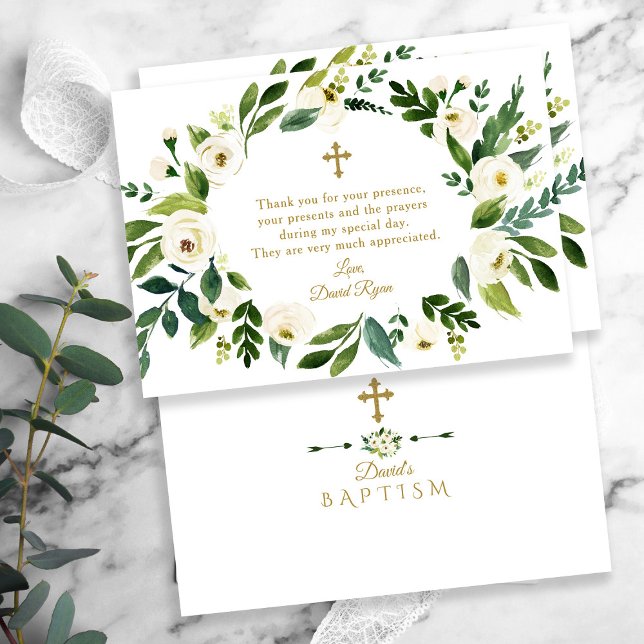 Modern White Floral Peonies Wreath Baptism Thank You Card (elegant, trendy white flowers baptism thank you card)