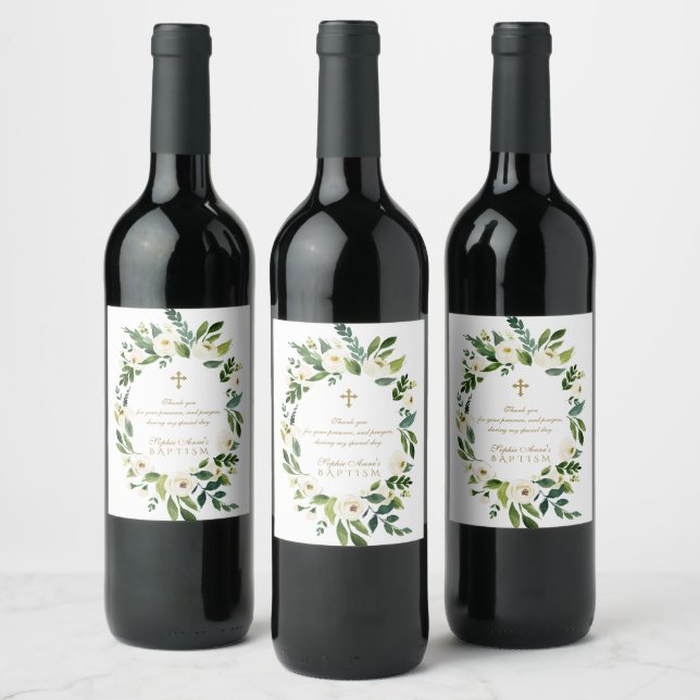 Modern White Floral Peonies Wreath Baptism Wine Label (Bottles)