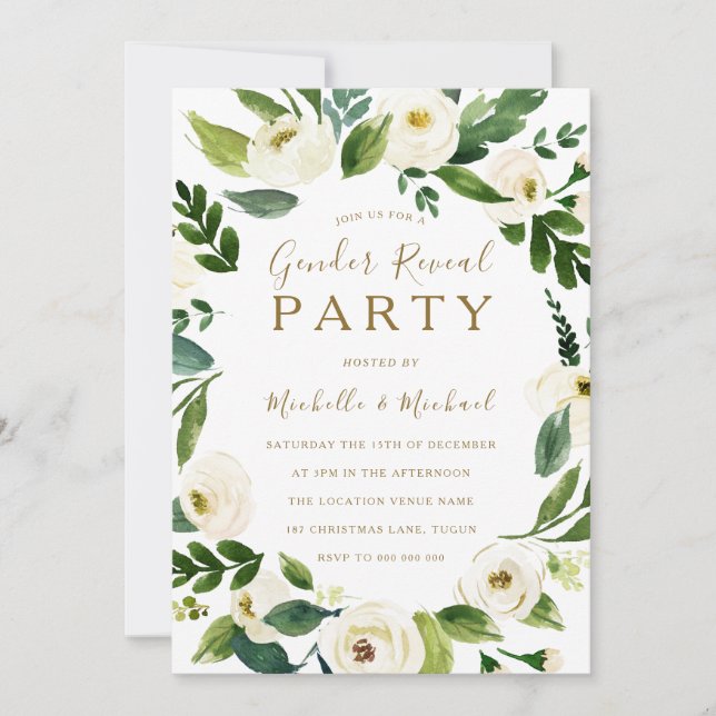 Modern White Floral Wreath Gender Reveal Party Invitation (Front)
