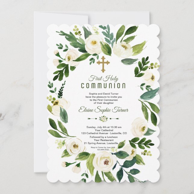 Modern White Floral Wreath Holy Communion Invitation (Front)