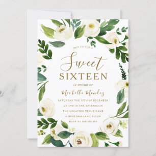 Modern White Floral Wreath Sweet 16 Party Invitation