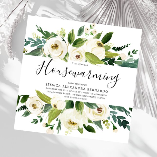 Modern White Florals Green Leaf Housewarming Party Invitation (Creator Uploaded)