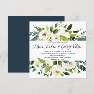 Modern White Florals Green Leaf Wedding Invite