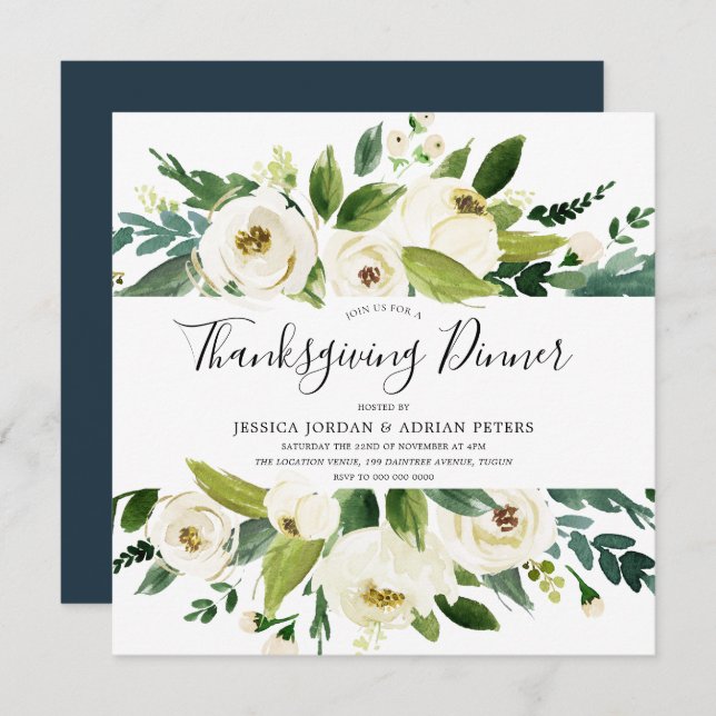 Modern White Florals Green ThanksGiving Dinner Invitation (Front/Back)