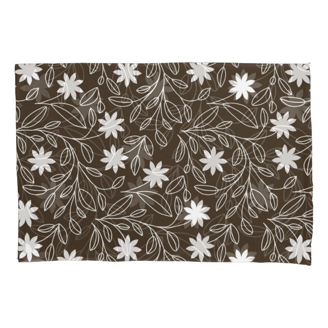 Modern White Flower Leaf Mocha Brown  Pillowcase (Front-Left)