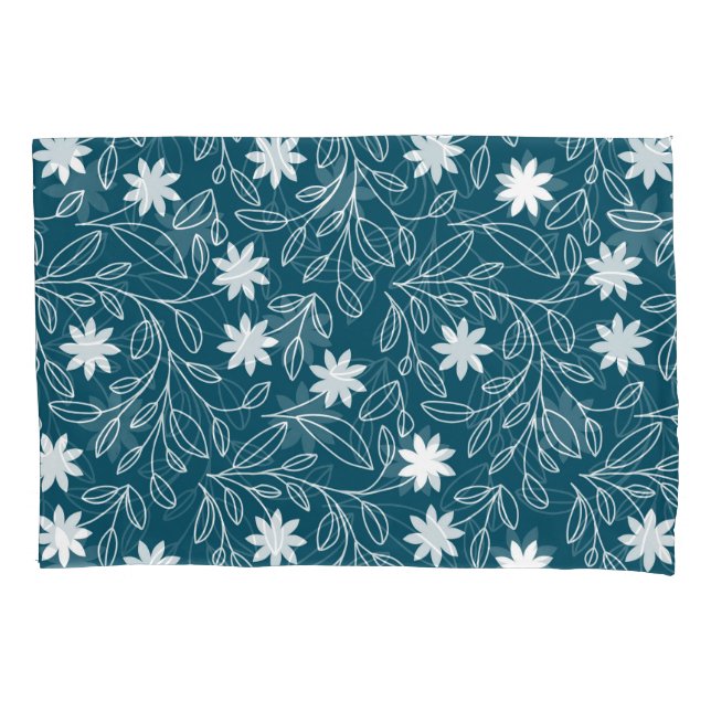 Modern White Flower Leaf Teal Blue Pillowcase (Front-Left)