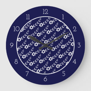 Modern white flower pattern navy blue border  large clock