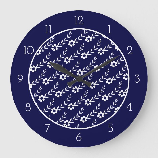 Modern white flower pattern navy blue border  large clock (Front)