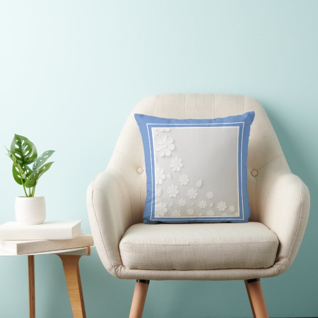 Modern White Flowers on Blue Cushion (Chair)