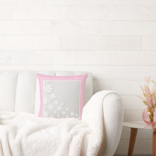 Modern White Flowers on Pink Cushion
