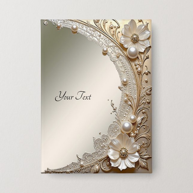 Modern White Flowers Pearls Button (Front)