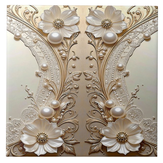 Modern White Flowers Pearls Ceramic Tile (Front)