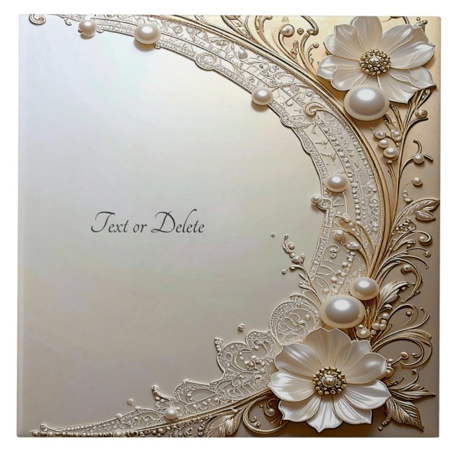 Modern White Flowers Pearls Ceramic Tile (Front)