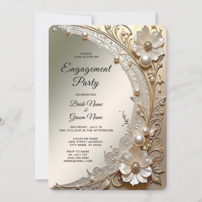 Modern White Flowers Pearls Engagement Invitation (Front)
